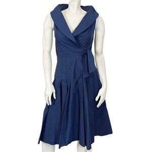 FINLEY Navy Blue Crisp Cotton Sleeveless Collared Pleated Dress